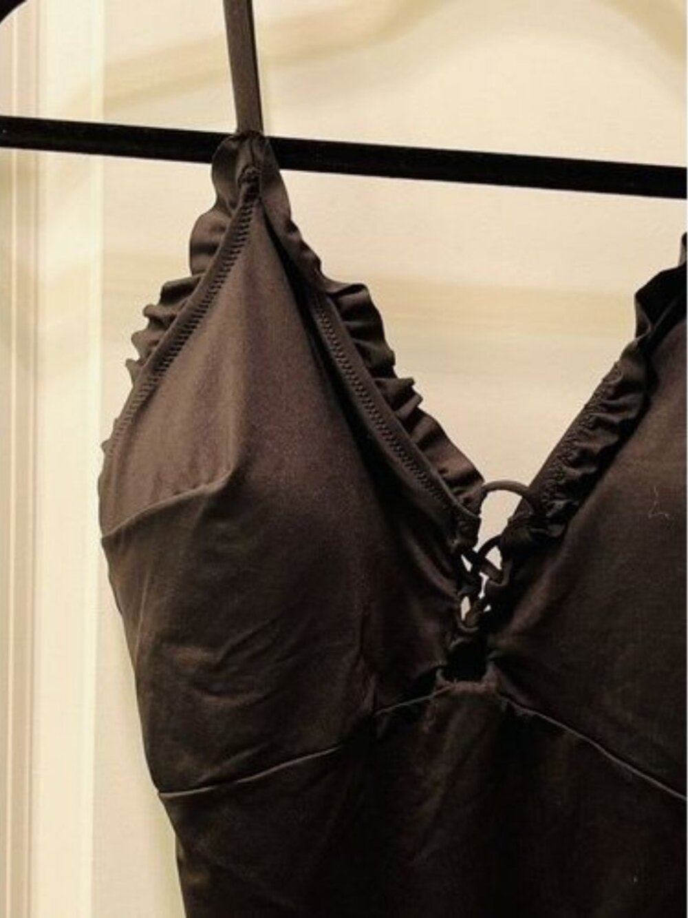 H & M Black French Cut Swimsuit / Bodysuit Womens Size M One Piece Ruffle V-Neck - Picture 2 of 7
